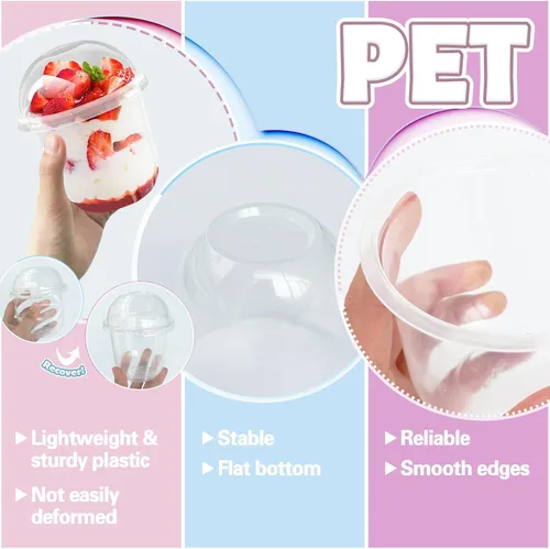 Vista 3 de Paquete de 50 vasos de plástico para parfait de 12 onzas con tapas de cúpula, vasos de parfait de yogur con cucharas-tenedor, vasos de plástico