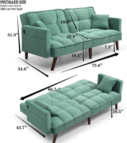 Vista 2 de Sofá cama futón, sofá futón plegable convertible, sofá pequeño transpirable, cómodo sofá cama doble tapizado de terciopelo para sala compacta