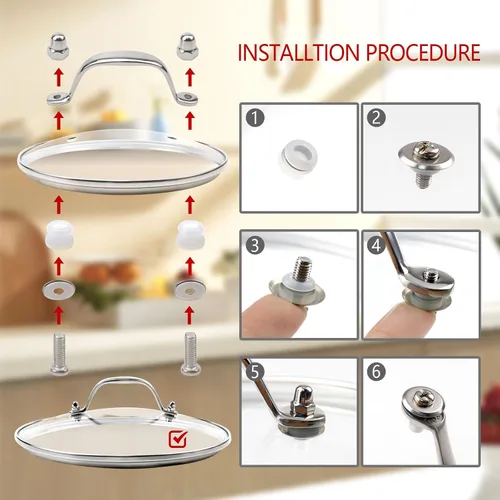 Vista 4 de Tapa de olla de vidrio transparente de 8 pulgadas para funda de repuesto para sartén Con mango de puente de arco de acero inoxidable plateado