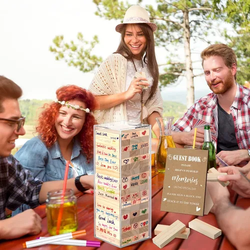 Vista 5 de Beeveer 80 piezas Libro de invitados para boda alternativo en bloque de madera para cartel de boda, decoración de despedida de soltera, 54 piezas