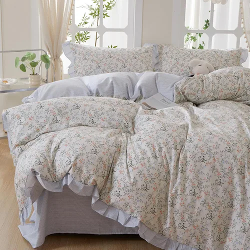 Vista 25 de Juego de funda de edredón blanca con estampado floral azul, juego de ropa de cama de algodón suave estilo bohemio, juego de ropa de cama estética