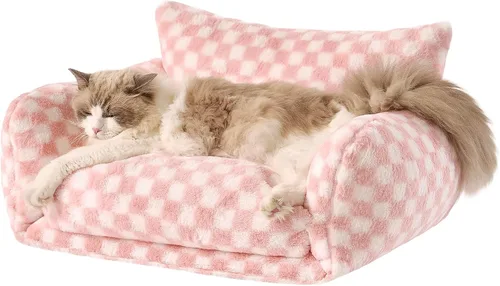 Vista 9 de Hollypet Cama para gatos, mullida, multifuncional, de doble capa, suave para mascotas, sofá ortopédico para gatos y perros pequeños, color beige
