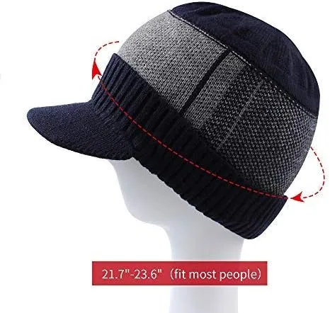 Vista 5 de XIAOHAWANG Gorro de invierno para hombre con visera de cable de punto con forro polar de retazos a rayas con ala para deportes al aire libre