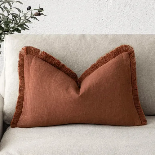 Vista 30 de Foindtower Fundas de almohada decorativas de lino con flecos, acogedora funda de cojín bohemia estilo farmhouse con borlas, funda de almohada