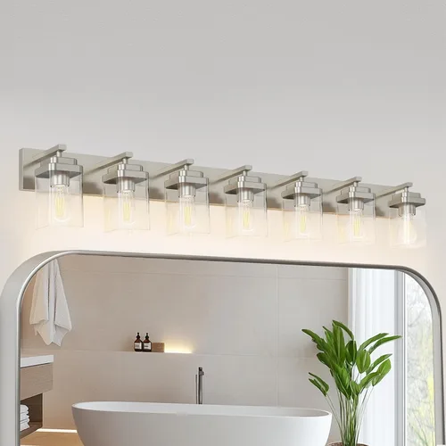 Vista 35 de Lámparas blancas para baño, 2 luces de baño, accesorios de iluminación sobre el espejo, diseño cuadrado y placa trasera grande rectangular