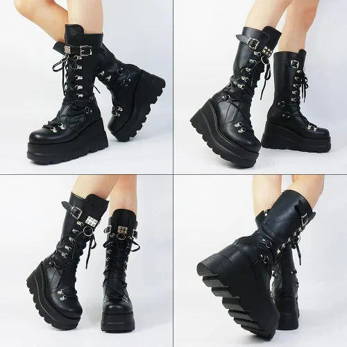 Vista 3 de CELNEPHO - Botas para mujer, estilo de combate, punk, de plataforma alta, hasta mitad de la pantorrilla, de cuña, con tacones altos y gruesos