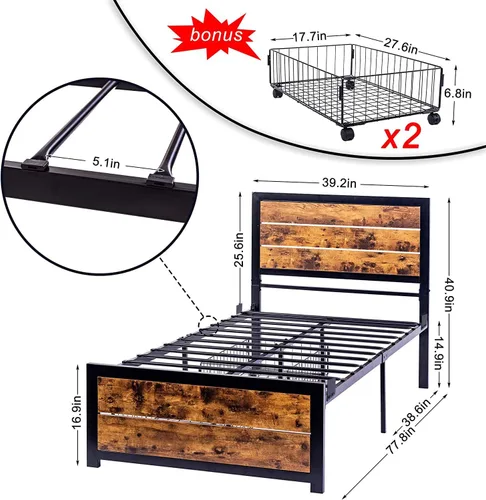 Vista 2 de Base de cama de tamaño individual con estraage, marco de cama de metal con cabecera y estribo de madera, base de cama de plataforma de metal de 14