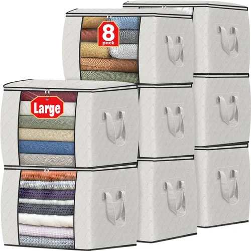 Vista 10 de Fab totes Paquete de 3 bolsas de almacenamiento plegables de tela gruesa, contenedores para organizar dormitorio, armario, ropa, edredón, Beige