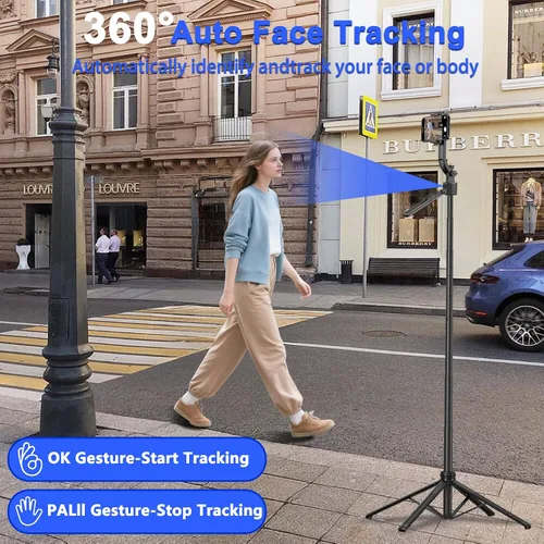Vista 3 de Trípode de seguimiento automático de cara para iPhone con luz de 160 cm Palo selfie trípode soporte sigue tu movimiento 360° trípode de cámara