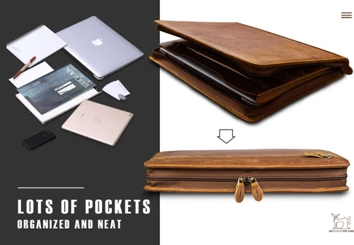Vista 3 de Portafolio Carpeta Profesional de Cuero Genuino con Cremallera para Hombres y Mujeres, Portafolio de Trabajo con Bloc de Notas para Reuniones