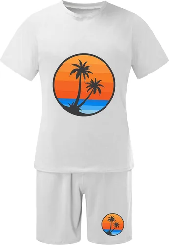 Vista 3 de Men's 2 Piece Outfits Lightweight Classic-Fit Short Sleeve Graphic Tees Printed Shorts Breathable Sport Set