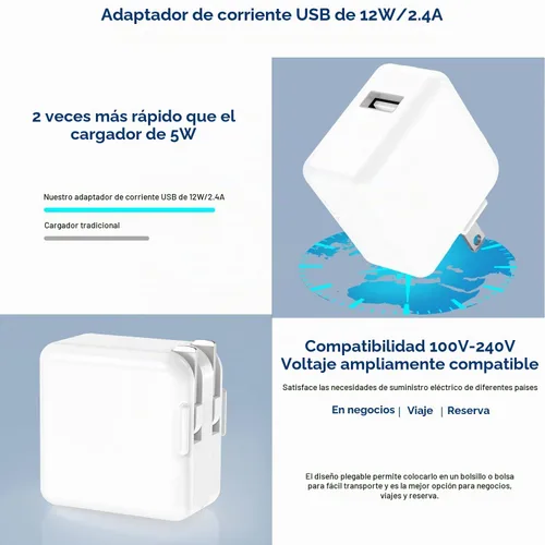 Vista 4 de Cargador para iPad de 10 pies, carga rápida, 12 W, USB, carga de pared, plegable, portátil, con cable de carga rápida USB A a Lightning de 10 pies
