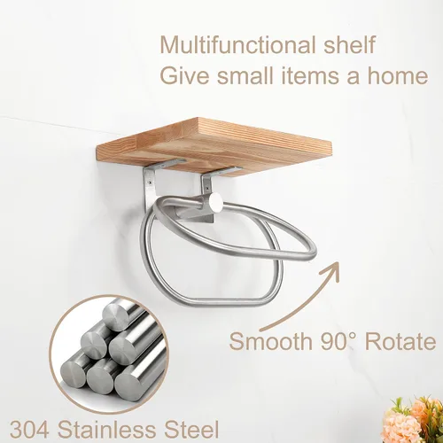 Vista 5 de TocTen Toallero de mano para baño, toalla de pared con estante de madera, toallero de mano de metal de alta calidad, accesorios de baño, colgador