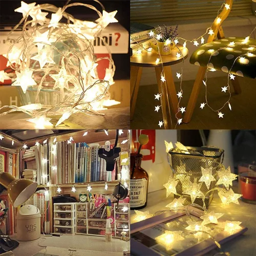 Vista 4 de Merdeco - Guirnalda de luces de estrella, 10 pies, 9.8 ft, 20 luces LED enchufables, luces de hadas blancas cálidas para cumpleaños, Navidad, boda