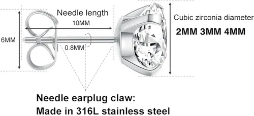 Vista 2 de Secure Flat Screw Back CZ Stud Earrings for Women Girls,Comfortable Flatback 2mm 3mm 4mm Cubic Zirconia Earrings for Cartilage Helix Tragus Piercing