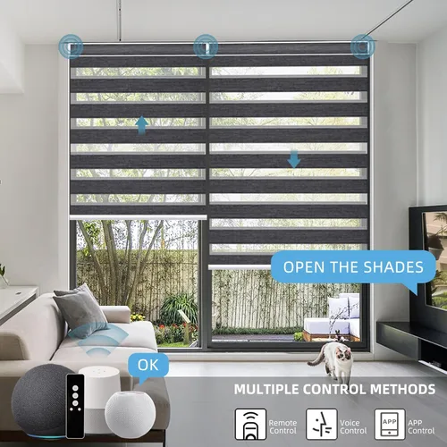 Vista 2 de Persianas motorizadas de cebra, 85 % opacas, automáticas que funcionan con HomeKit, Alexa, Google Home, control remoto, oficina en casa