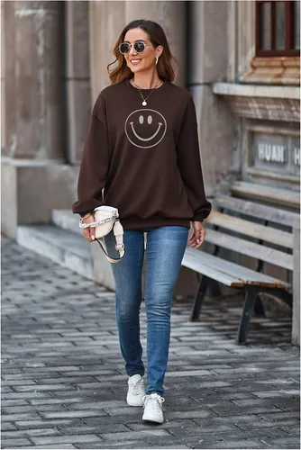 Vista 5 de Sudadera casual de moda con cuello redondo de gran tamaño con estampado gráfico de cara sonriente, ajuste holgado con capucha