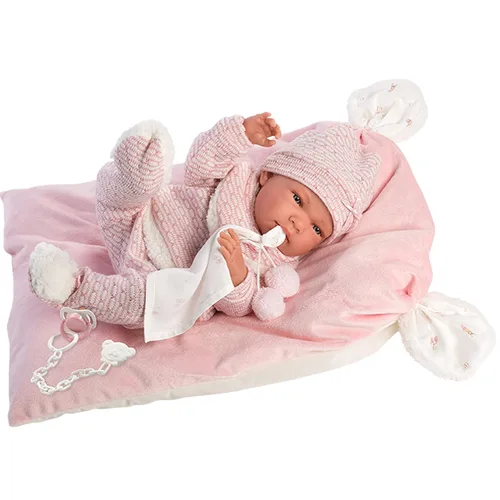 Vista 2 de Llorens Muñeca Nica con ojos azules y cuerpo de vinilo, muñeca bebé con traje rosa, manta de abrazo, chupete, cadena ficticia y cojín suave, 15.7 in