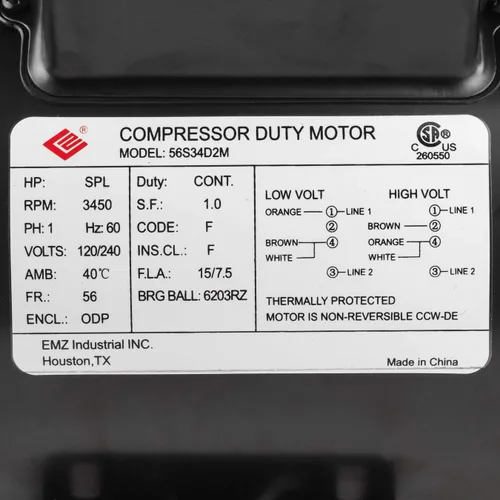 Vista 2 de 2 HP SPL 3450 RPM, 56 marcos, 120/240 V, 15/7.5 amperios, eje de 5/8", motor de compresor de aire NEMA monofásico - EM-02