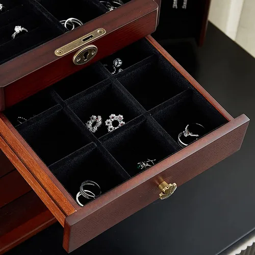 Vista 3 de Joyero de 5 niveles de gran capacidad, organizador con espejo de cerradura, contenedor de almacenamiento de joyas de viaje de madera, organizador