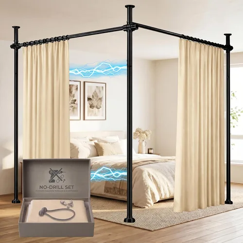 Vista 14 de Juego de cortinas divisoras de habitación, sin taladro, con barra retráctil, sin herramientas, para dormitorio, color beige, 100 pulgadas de ancho x