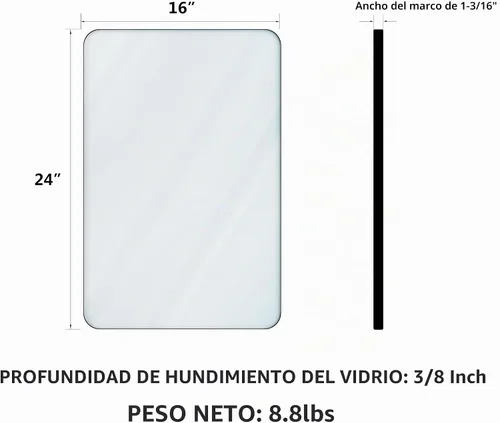 Vista 2 de VocalStar - Espejo de baño con marco de metal negro para pared, espejo de tocador de baño redondo rectangular mate de 16 x 24 pulgadas con marco