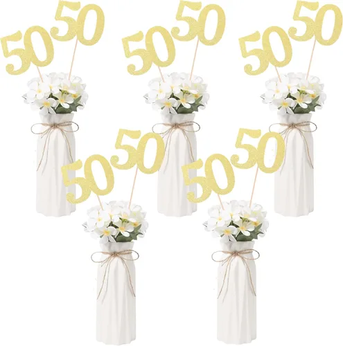 Vista 4 de Decoraciones de 50 aniversario NO 50, paquete de 10 centros de mesa de cumpleaños de 50 cumpleaños de doble cara con purpurina dorada para mesas Oro