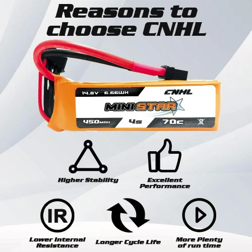Vista 4 de CNHL 450mAh 4S Lipo Batería 70C 14.8V con XT30U Plug para RC Drone FPV Avión Heli Avión (2 piezas)