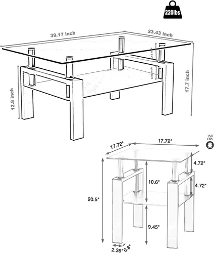 Vista 3 de Juego de 3 mesas auxiliares y mesa auxiliar de cristal, diseño clásico de 2 niveles, parte superior de vidrio templado y patas de metal sólido, uso