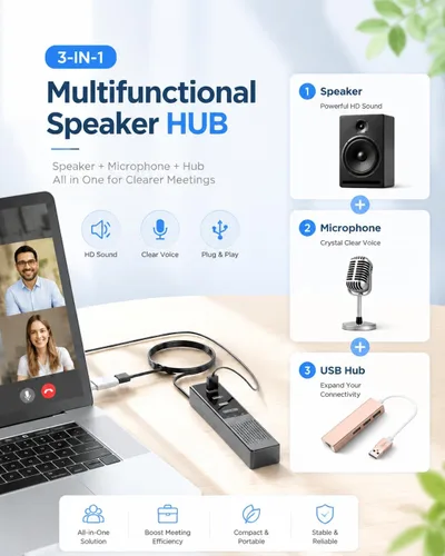 Vista 2 de Altavoz de computadora USB 3 en 1 con micrófono, altavoz de conferencia para PC, portátil y de escritorio con micrófono para hogar inteligente