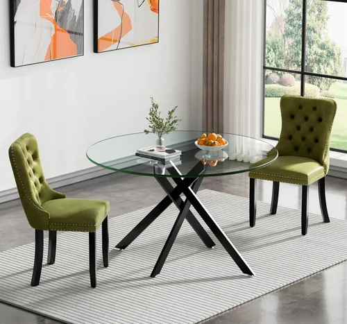 Vista 82 de Juego de mesa de comedor SSLine moderno de 3 piezas con mesa redonda de vidrio para 2, lujosa mesa de comedor circular de 36" con tapa de vidrio