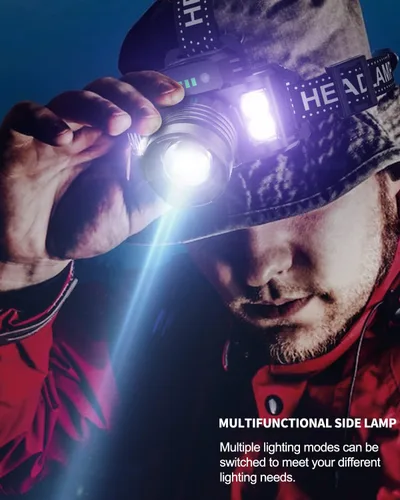 Vista 6 de Linterna frontal LED recargable súper brillante, luz de cabeza impermeable con sensor de movimiento para adultos, 5 modos de faro manos libres