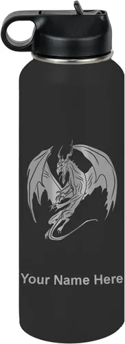 Vista 20 de LaserGram Botella de agua con tapa abatible de doble pared de 12 onzas con pajilla, dragón, grabado personalizado incluido (negro)
