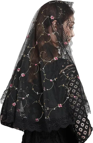 Vista 2 de FANFAN Encaje Rosa Flor Mantilla Capilla Velo Católico Chal Envoltura Y018