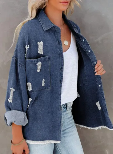 Vista 4 de EVALESS Chaqueta de mezclilla para mujer, desgastada, desgastada, desgastada, desgastada, elástica, con bolsillos