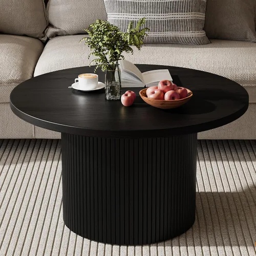 Vista 6 de MAISONARIA - Mesa de café redonda negra con marco de metal, mesas de café de 35" para sala de estar, mesa de centro de madera circular con acento