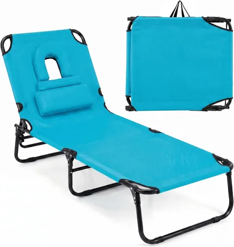 Vista 12 de Goplus Silla bronceadora, silla de playa plegable con orificio para la cara, almohada extraíble, capacidad de 350 libras, correa de transporte