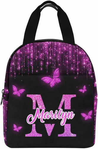 Vista 13 de InterestPrint Bolsa de almuerzo con nombre personalizado para hombres y mujeres, diseño de mariposa rosa y azul personalizada, caja de almuerzo