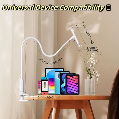Vista 3 de KI-R Soporte de cama de 38.7 pulgadas con cuello de cisne para tableta y teléfono, soporte de abrazadera flexible ajustable compatible con iPad