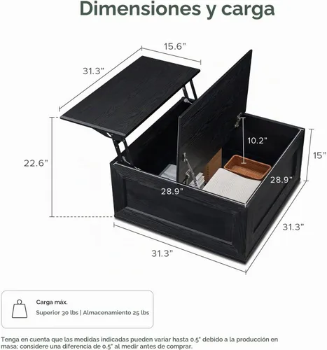Vista 2 de Mopio Blake - Mesa de centro con tapa abatible y almacenamiento, mesa de centro cuadrada moderna de estilo rústico con parte superior fácil