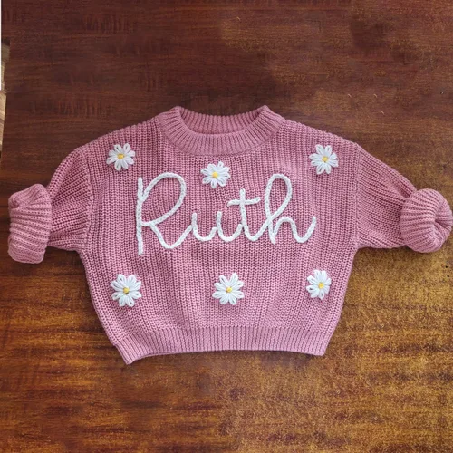 Vista 2 de Suéter de bebé personalizado con nombre, suéter personalizado para recién nacido, niño, niña, regalo bordado a mano para baby shower, cumpleaños