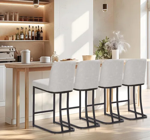Vista 10 de Juego de 2 taburetes de bar de altura de mostrador de color blanco cremoso de 24 pulgadas, modernos taburetes de bar dorados con respaldo tapizado