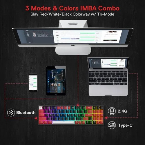 Vista 4 de Redragon K628 PRO - Teclado mecánico compacto con 75 de 3 modos 78 teclas teclado mecánico compacto intercambiable en caliente con enchufe PCB