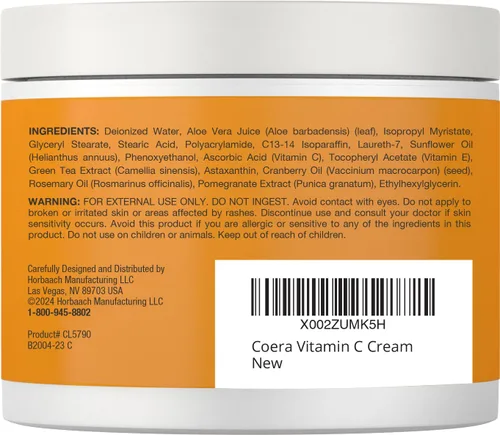 Vista 2 de Coera Crema de vitamina C 4 onzas Para cara, manchas oscuras, cuerpo y piel Hidratante iluminador, hidratante y reafirmante Libre