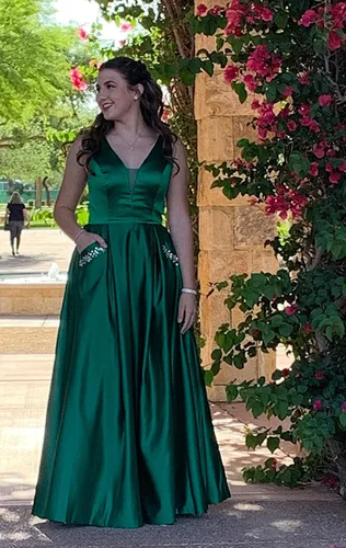 Vista 5 de Vestidos de fiesta de satén con cuello en V para mujer largos con bolsillos color rosa rubor vestidos de noche formales fruncidos