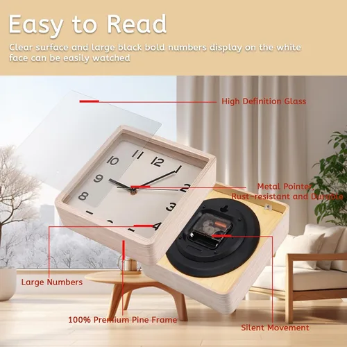Vista 3 de Maxspace Reloj de pared de madera, reloj de pared cuadrado silencioso de 8 pulgadas sin tictac, funciona con pilas, reloj moderno y simple