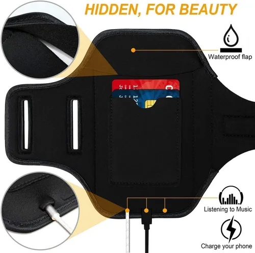 Vista 5 de Brazalete para iPhone 13 Mini/12 Mini/11 Pro/iPhone X/XS, bolsa de gimnasio con ranura para tarjetas (negro)