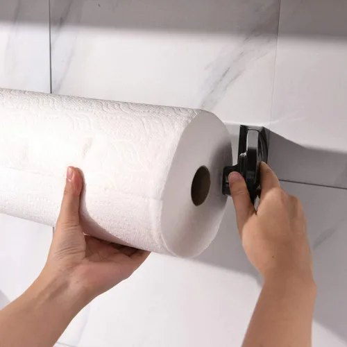 Vista 8 de Simpletome - Toallero de papel para colocar debajo del gabinete con adhesivo o perforación, aleación de aluminio + ABS (negro) tension arms, tear