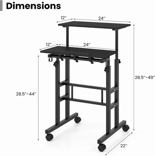 Vista 3 de Tangkula Escritorio de pie móvil, escritorio portátil con ruedas Height-adjustable Standing Table w/Tilting Tabletop, Laptop Workstation w/Hanging