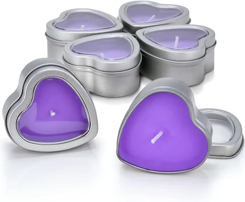 Vista 10 de Velas perfumadas de cera de soja con forma de corazón, 6 unidades Lata de viaje de metal plateado de 6 horas de tiempo de combustión para spa